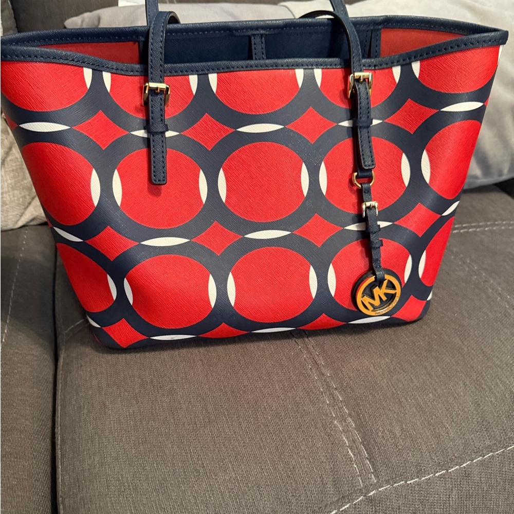 Michael Kors Red and Blue Circle Pattern Tote